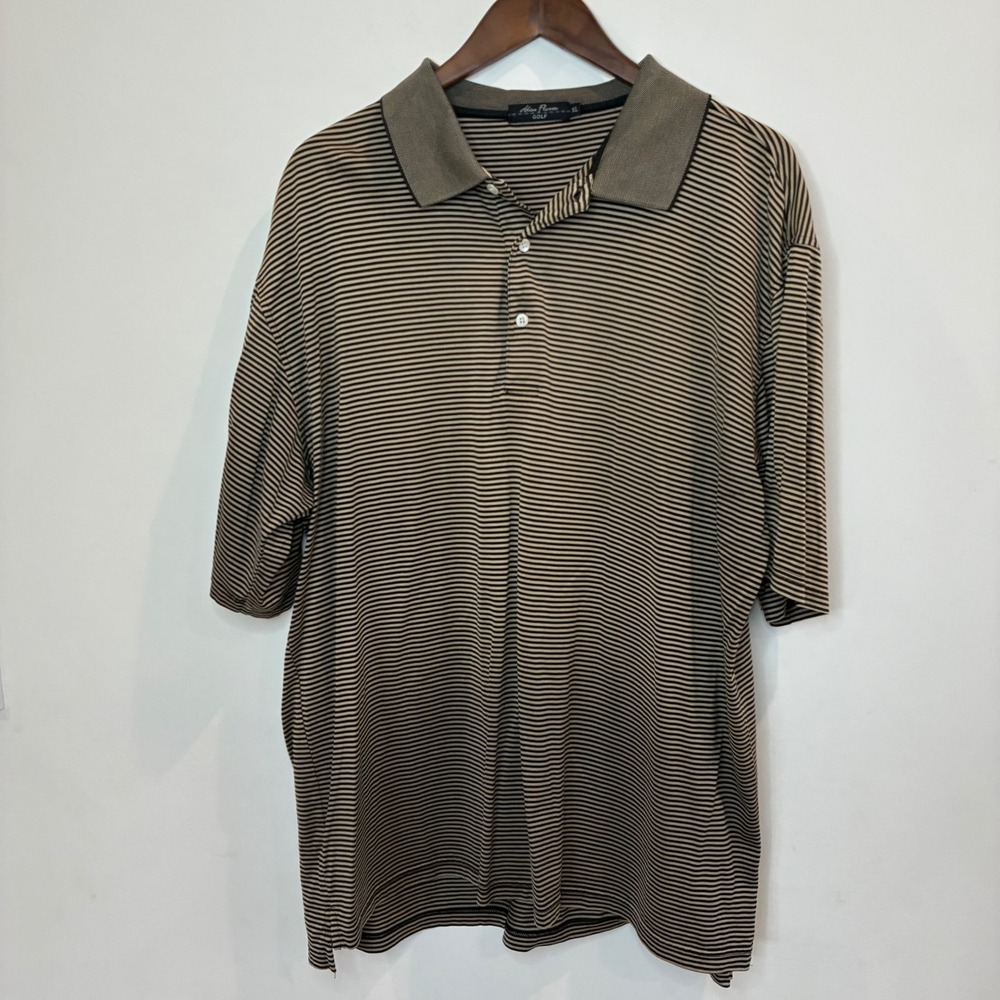 Alan Flusser Golf Polo Shirt Mens XL Tan Black Striped Mercerized Cotton Lisle